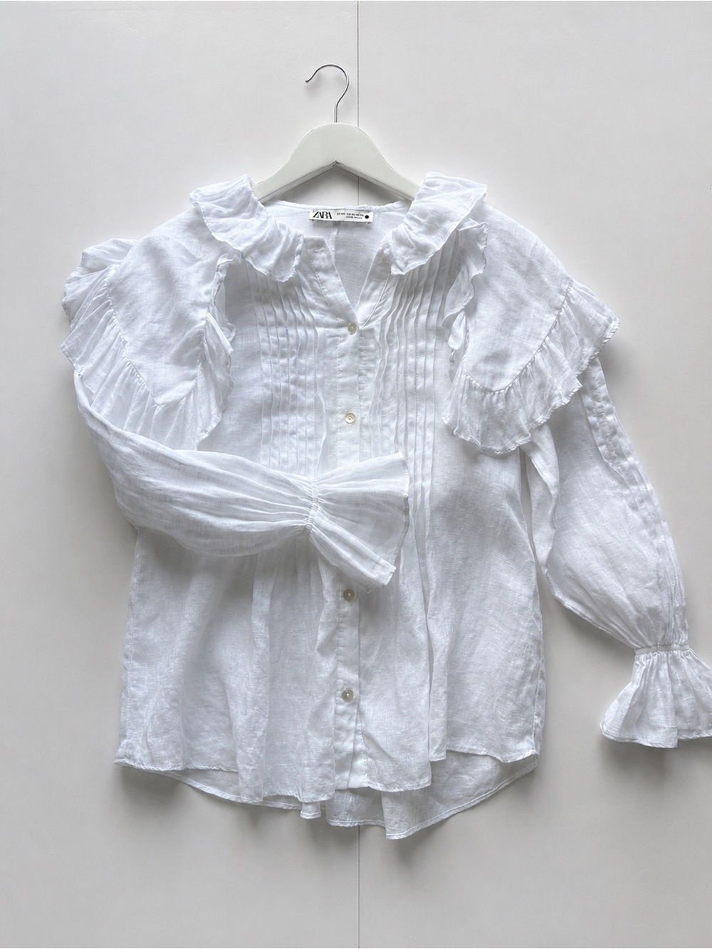 100% Linen Zara Shirt Blouse Bib Collar Long Sleeve size XS